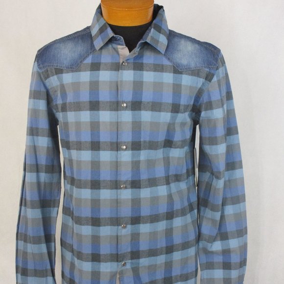 Morse Code Pearl Snap Blue Check Western Shirt - Picture 1 of 4